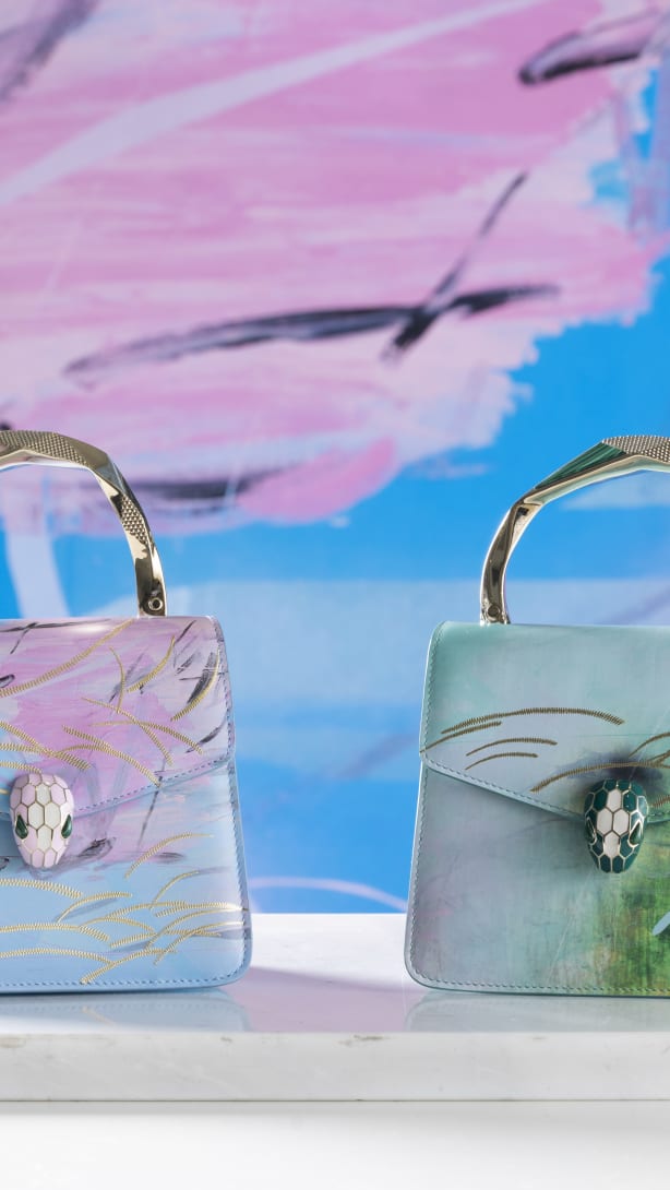 Serpenti Forever Top Handle bags in azure, pink and green calf leather, designed by artist Zhou Li.