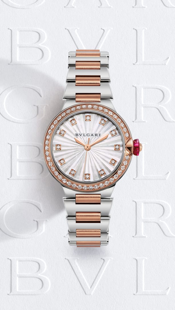 Lvcea watch in 18 kt rose gold and stainless steel with automatic movement, diamond-set bezel