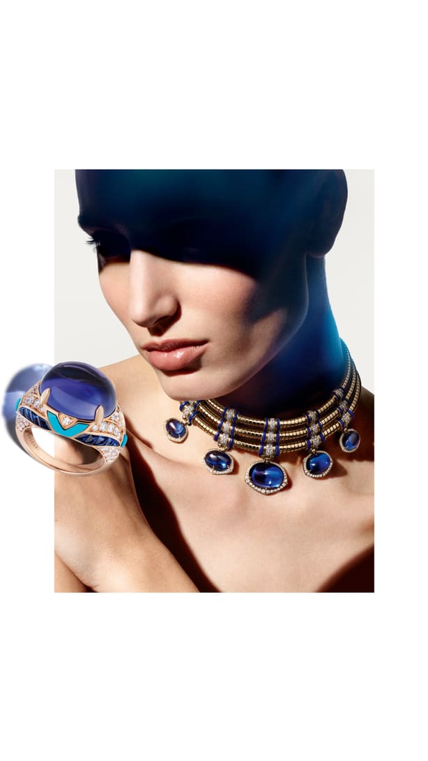 Tanzanite Falls Necklace enhanced by diamond and lapis lazuli accents, Polychroma High Jewellery collection.