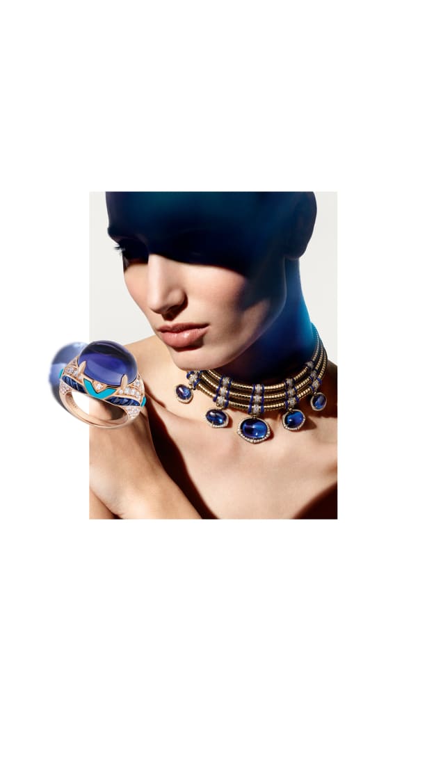 Tanzanite Falls Necklace enhanced by diamond and lapis lazuli accents, Polychroma High Jewellery collection.