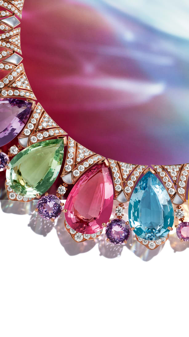 Chromatic Glory Necklace with six kunzites, set in rose gold and mother-of-pearl and diamonds.