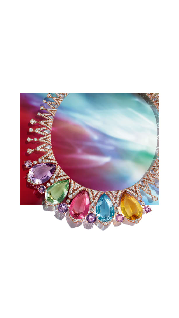 Chromatic Glory Necklace with six kunzites, set in rose gold and mother-of-pearl and diamonds.
