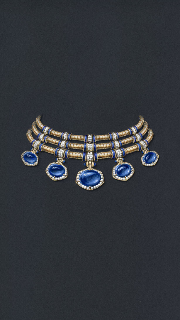 Sketch of Tanzanite Falls Necklace, Polychroma High Jewellery Collection.