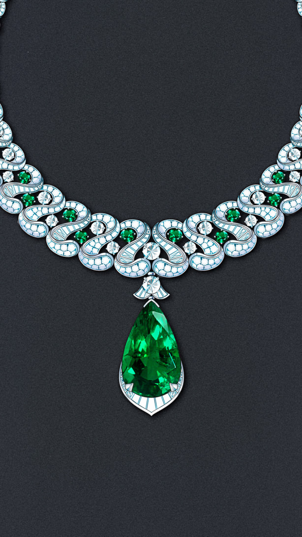 Sketch of Emerald Exuberance Necklace, Polychroma High Jewellery Collection.