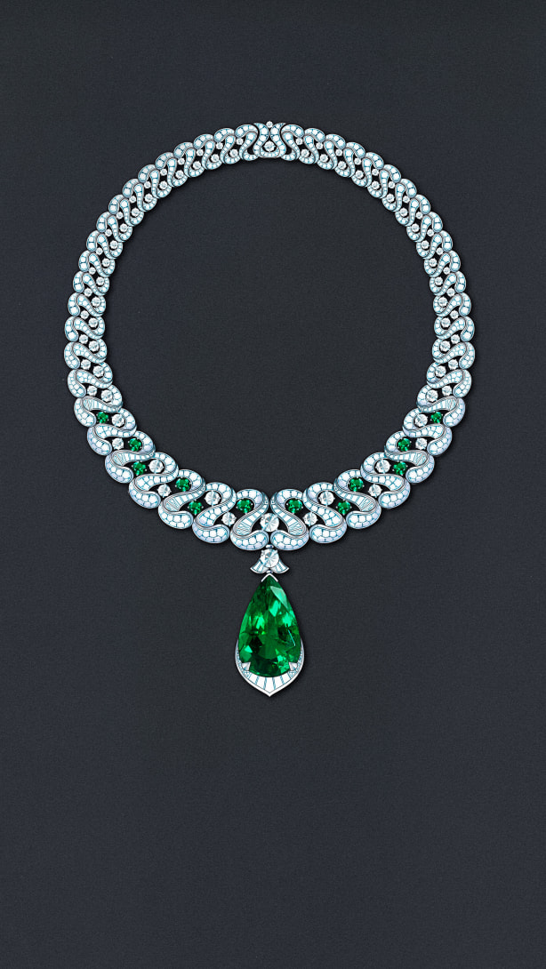 Sketch of Emerald Exuberance Necklace, Polychroma High Jewellery Collection.