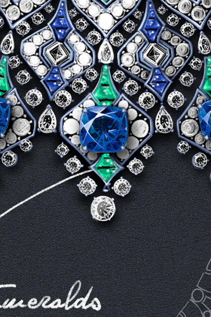 Sketch of The Sapphire Brocade High Jewellery necklace with cushion sapphires, emeralds and diamonds, close-up.