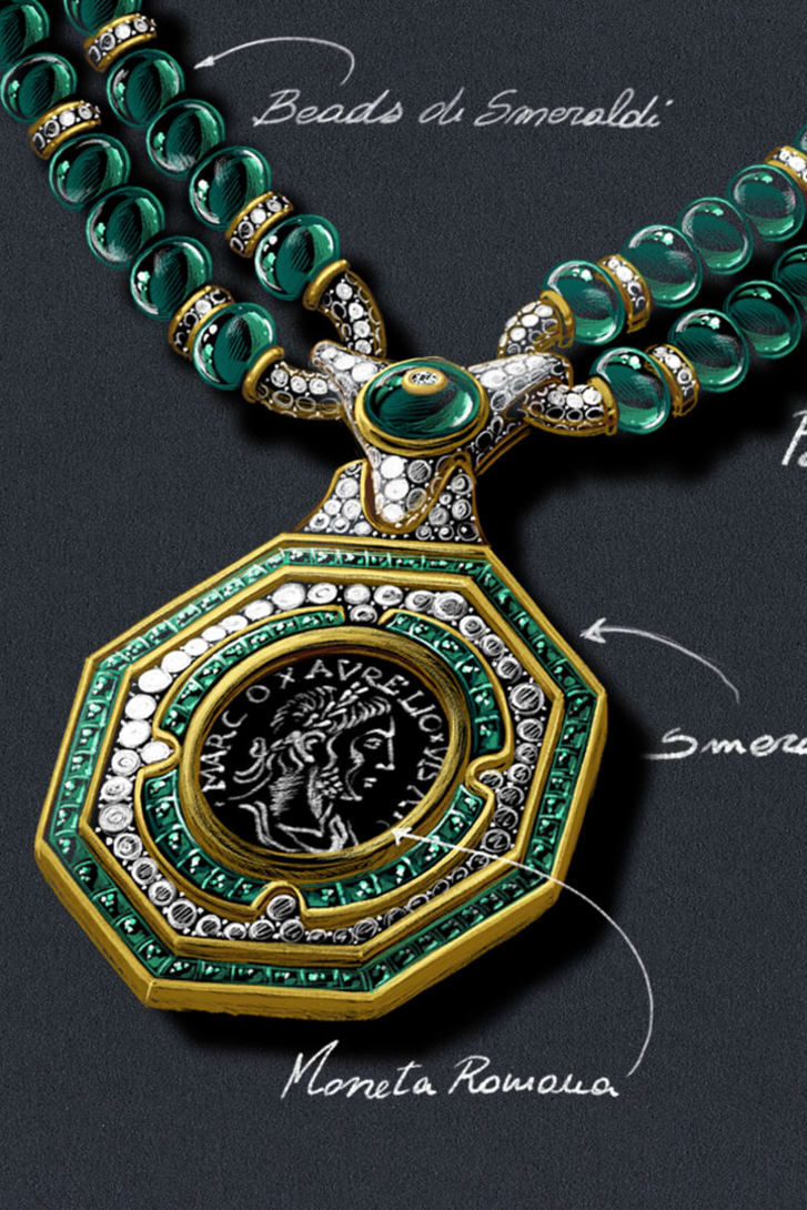 Sketch of The Augustus Aeternus Emerald Monete High Jewellery sautoir with a rare bronze coin, emeralds and diamonds, close-up.