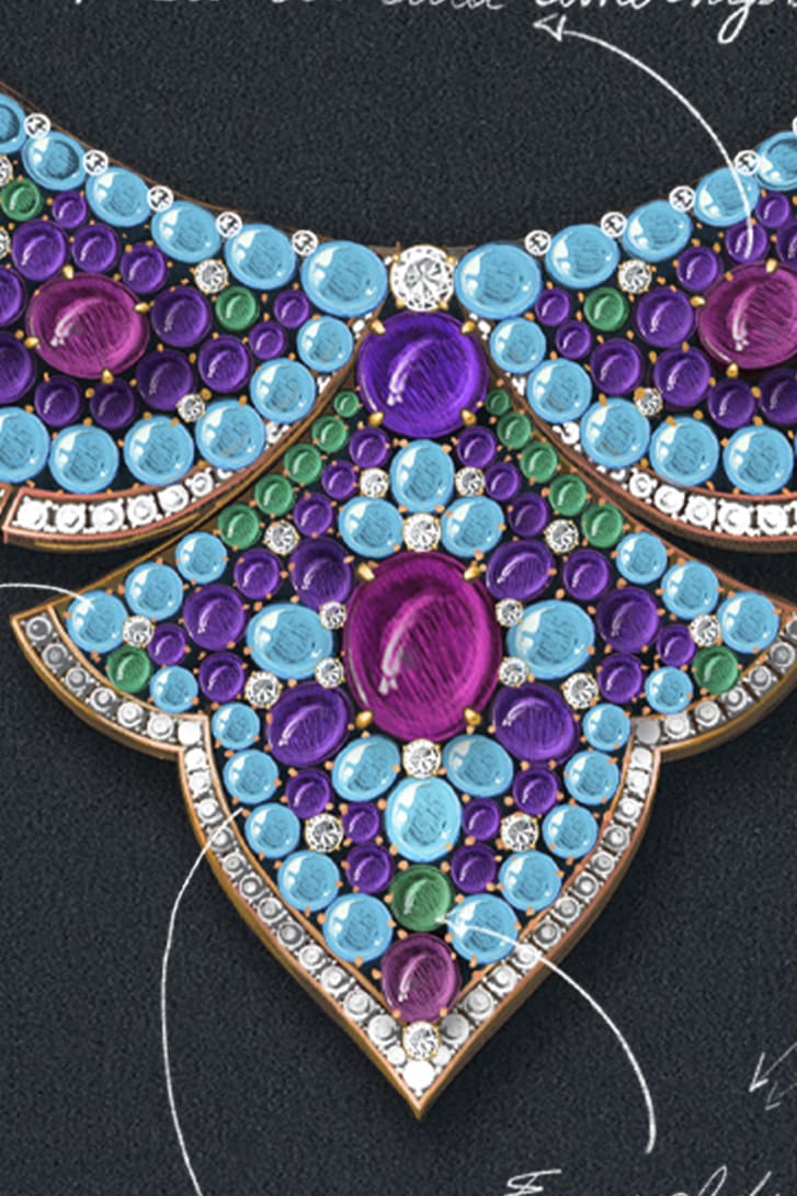 The Bvlgari Lotus Cabochon High Jewellery necklace with rubellite, emerald, turquoise and amethyst cabochon, close-up.