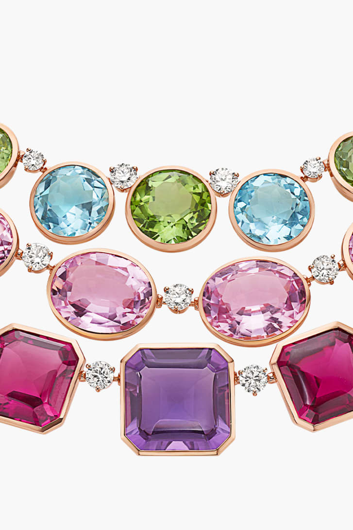 The Earth Song High Jewellery necklace with pink tourmaline, amethyst, kunzite and round-cut diamonds, close-up.