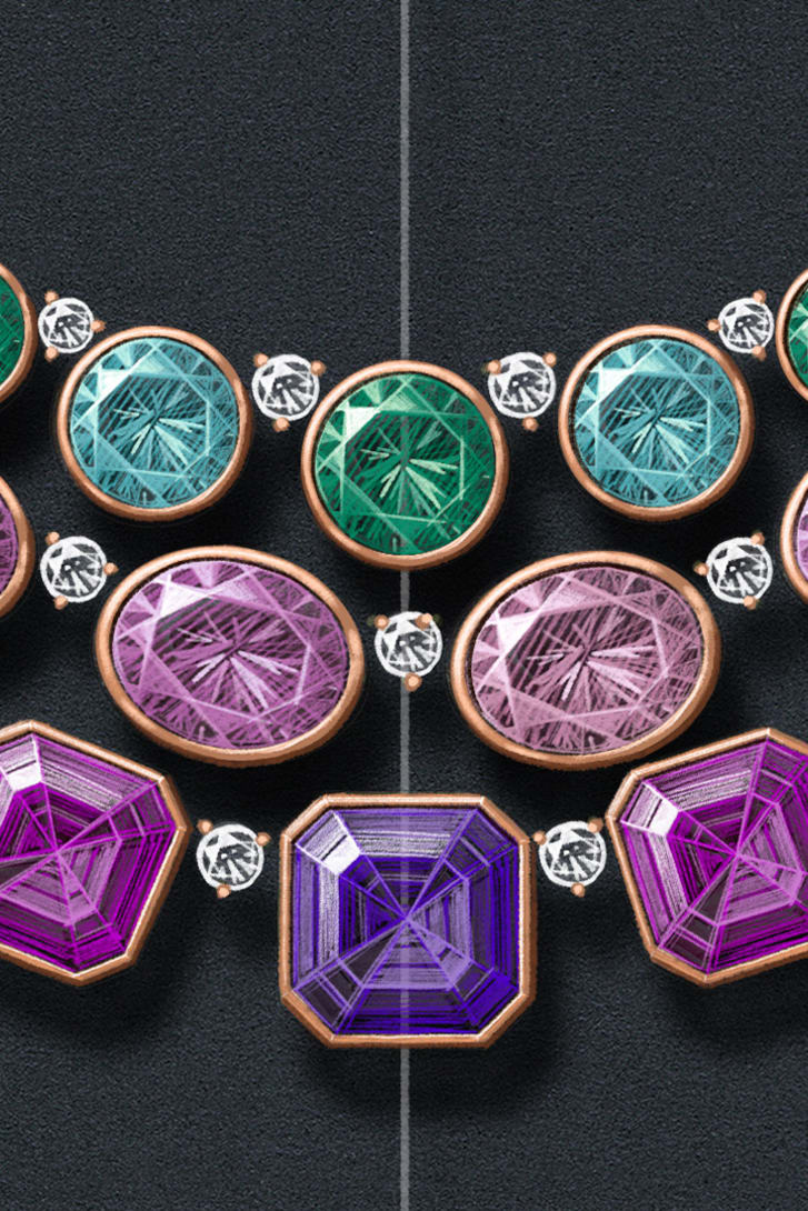 Sketch of The Earth Song High Jewellery necklace with pink tourmaline, amethyst, kunzite and round-cut diamonds, close-up.