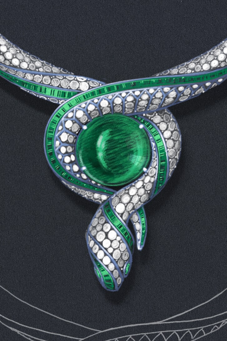 Sketch of The Terra Mater Serpenti High Jewellery necklace with emeralds and diamonds, close-up.
