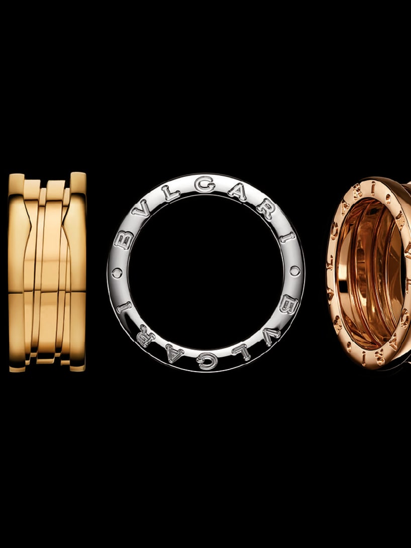 B.zero1 rings in yellow, rose and white gold with two and three bands. Creative shot.