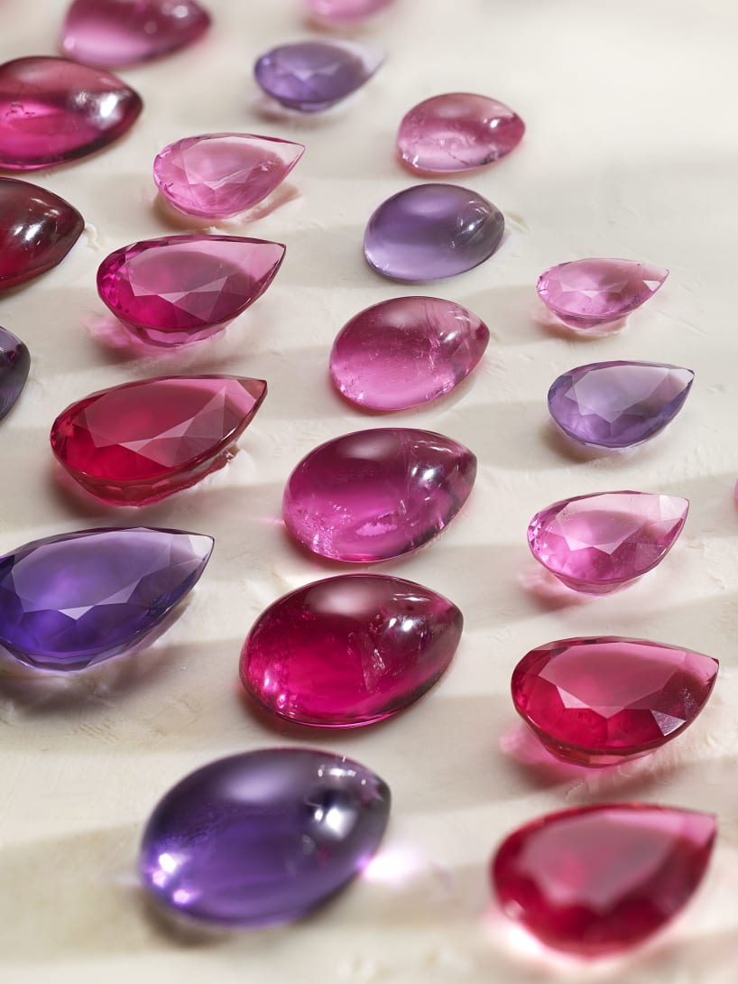 Rubellite, tanzanite, pink tourmaline and amethyst gems of the Rainbow Flow Necklace.