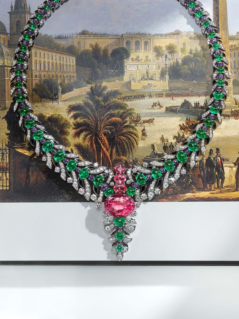 Secret Garden High Jewellery platinum necklace set with a Padparadscha sapphire, emeralds and diamonds.