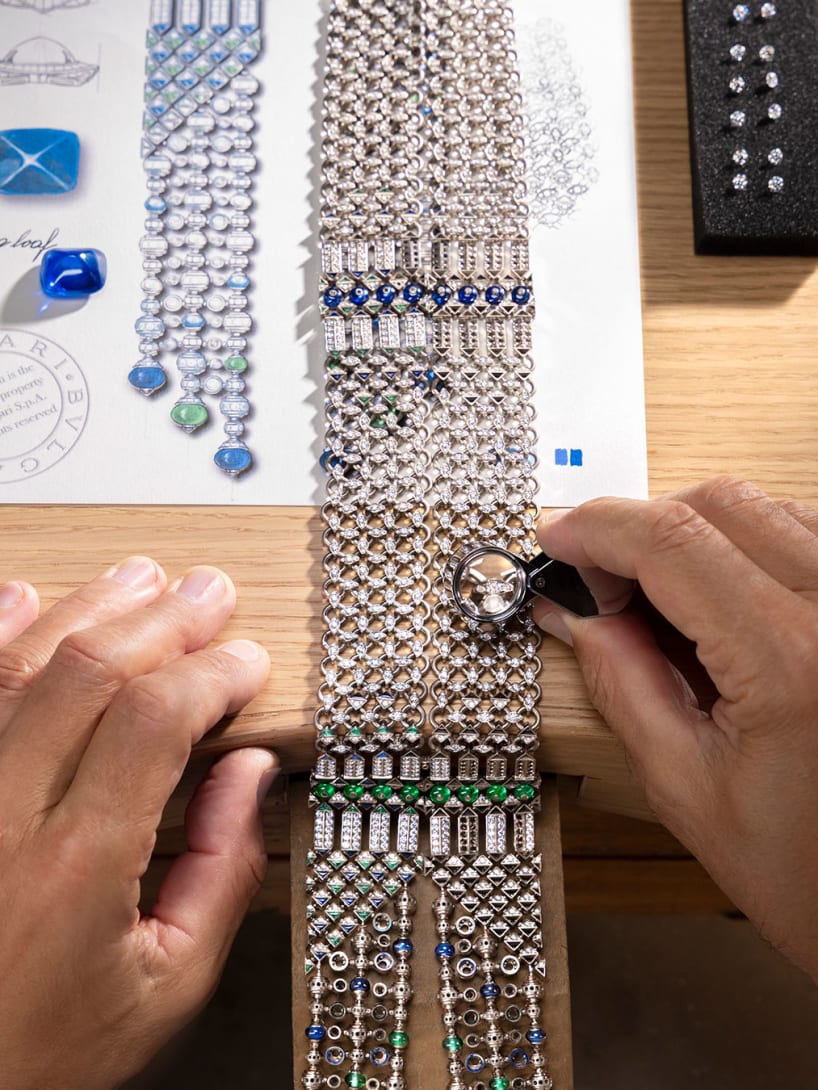 Making of Seres Scarf High Jewellery white gold, diamond and sapphire necklace, sketch behind. 