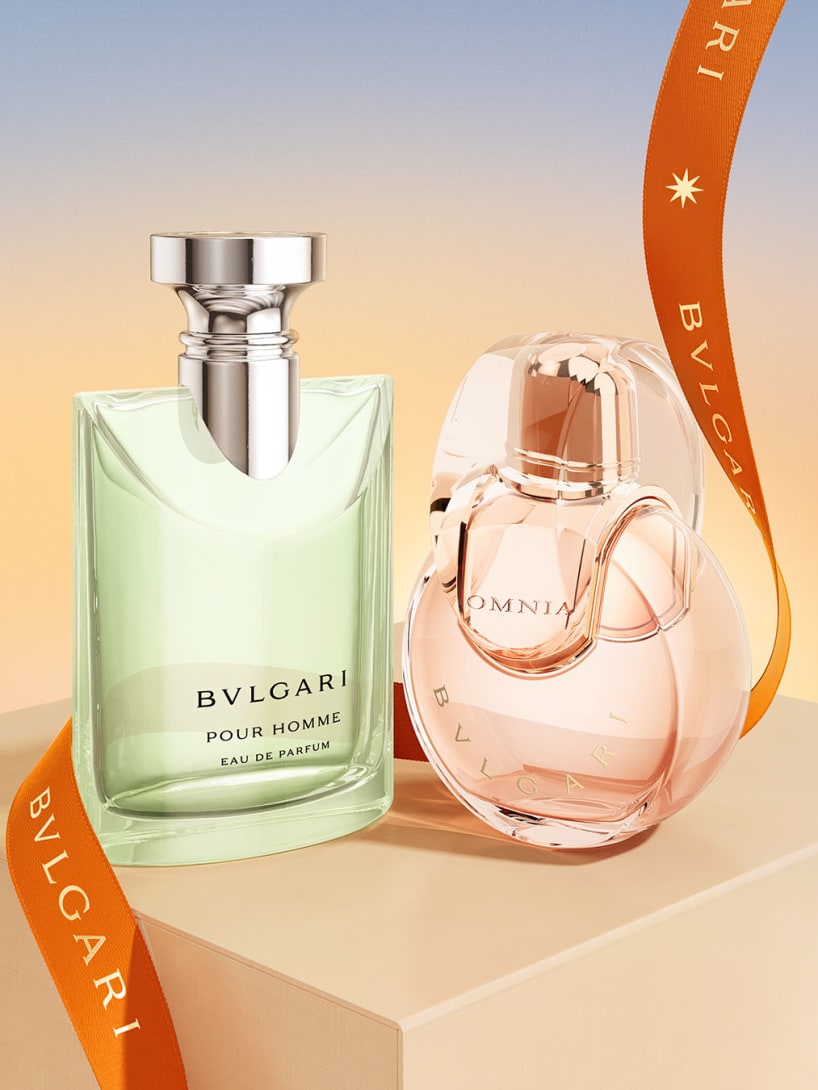 Picture showing Bvlgari Fragrances, crative shot with ribbon.