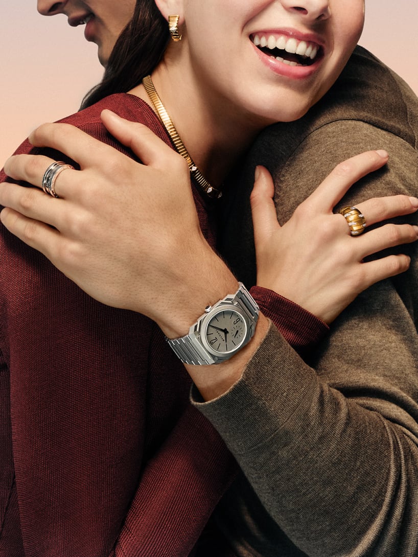 Models wearing Bvlgari watch, Valentine's Day campaign.