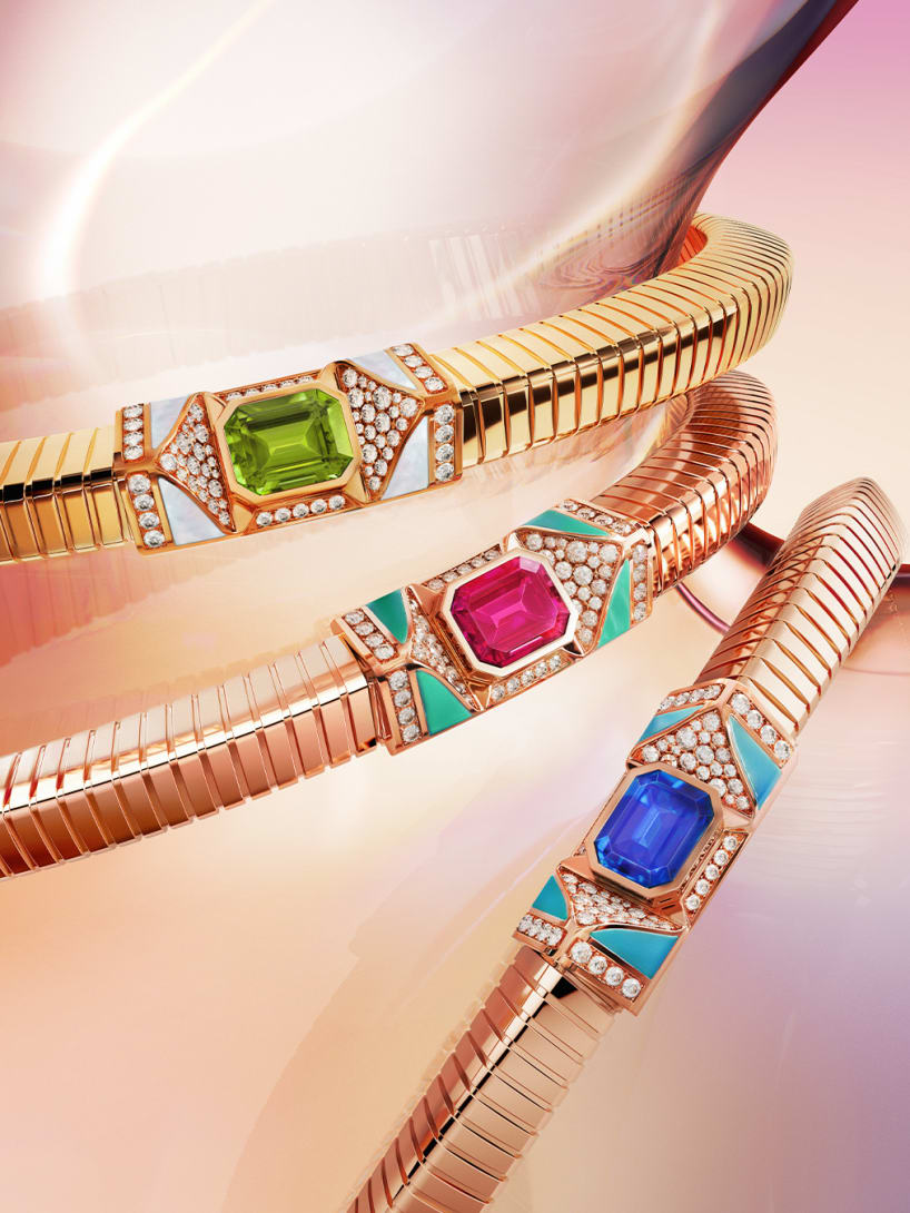Three Bvlgari Tubogas necklaces in rose and yellow gold with a tourmaline, tanzanite and rubellite.
