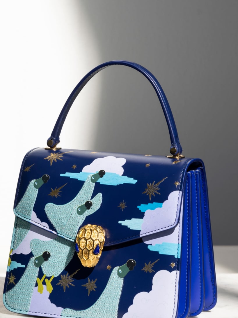 Serpenti Forever Top Handle bags in green and blue calf leather, designed by artist Sunwoo Kim.