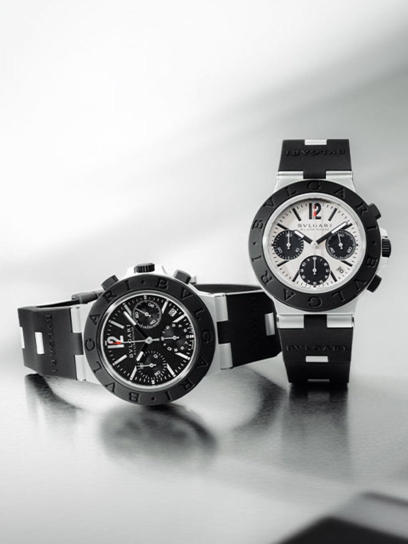Bvlgari Aluminium Chronograph watches in aluminium with black dial.