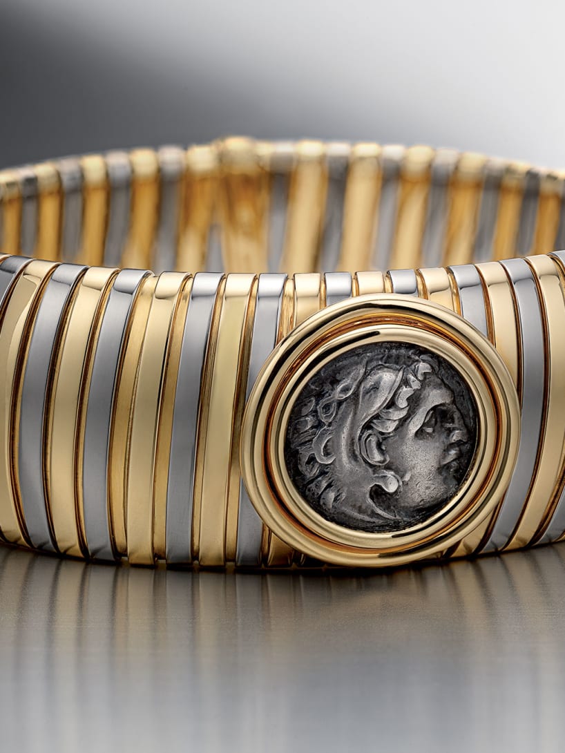 Monete Tubogas bracelet in two-colour gold with Hellenistic silver coin