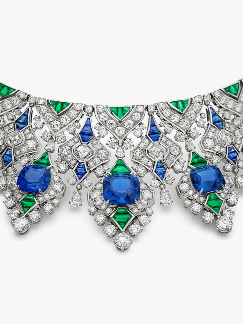 The Sapphire Brocade High Jewellery necklace with cushion sapphires, emeralds and diamonds.