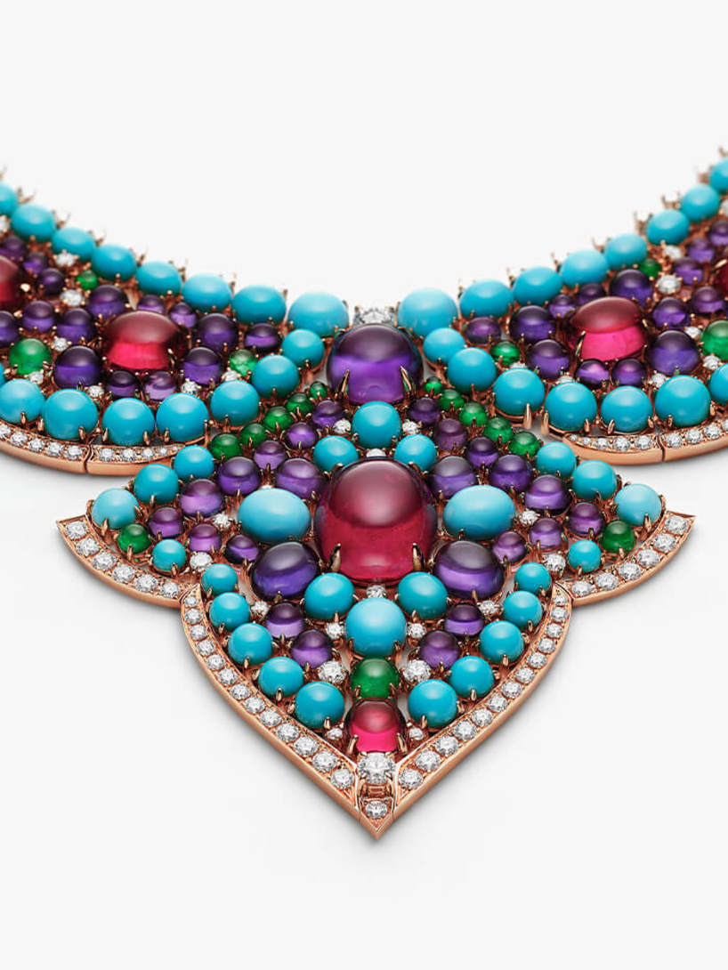 The Bvlgari Lotus Cabochon High Jewellery necklace with rubellite, emerald, turquoise and amethyst cabochons.