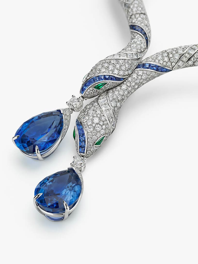 The Serpenti Sapphire Echo High Jewellery necklace with sapphires, diamonds and emeralds.