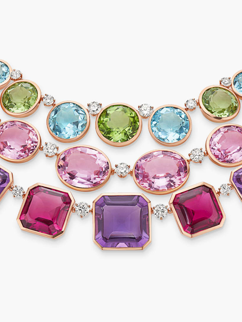 The Earth Song High Jewellery necklace with pink tourmaline, amethyst, kunzite, and round-cut diamonds.