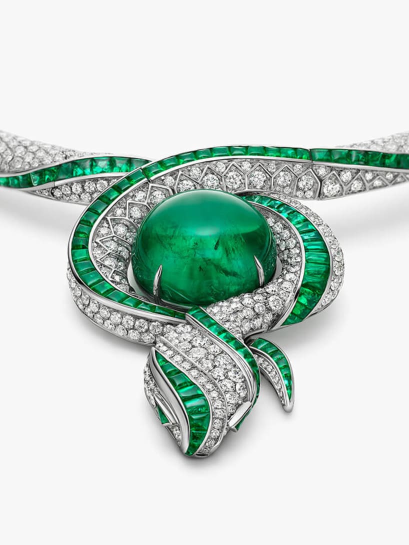 The Terra Mater Serpenti High Jewellery necklace with emeralds and diamonds.