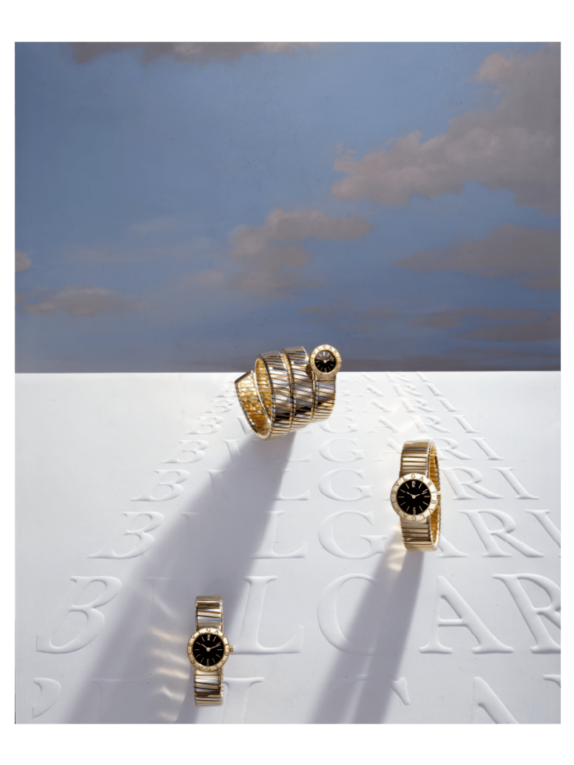“Dream” campaign with Bulgari Bulgari watches and Tubogas watch. Sky in the background.