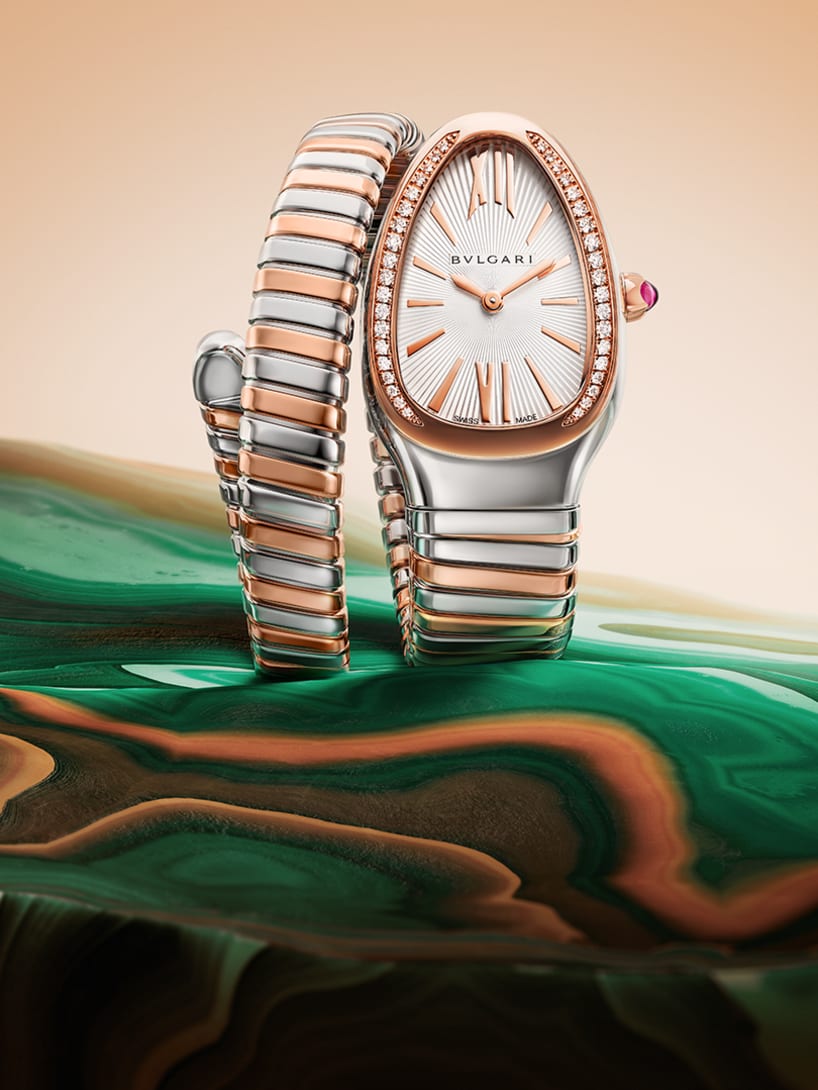 Serpenti Tubogas single-spiral watch in 18 kt rose gold and stainless steel