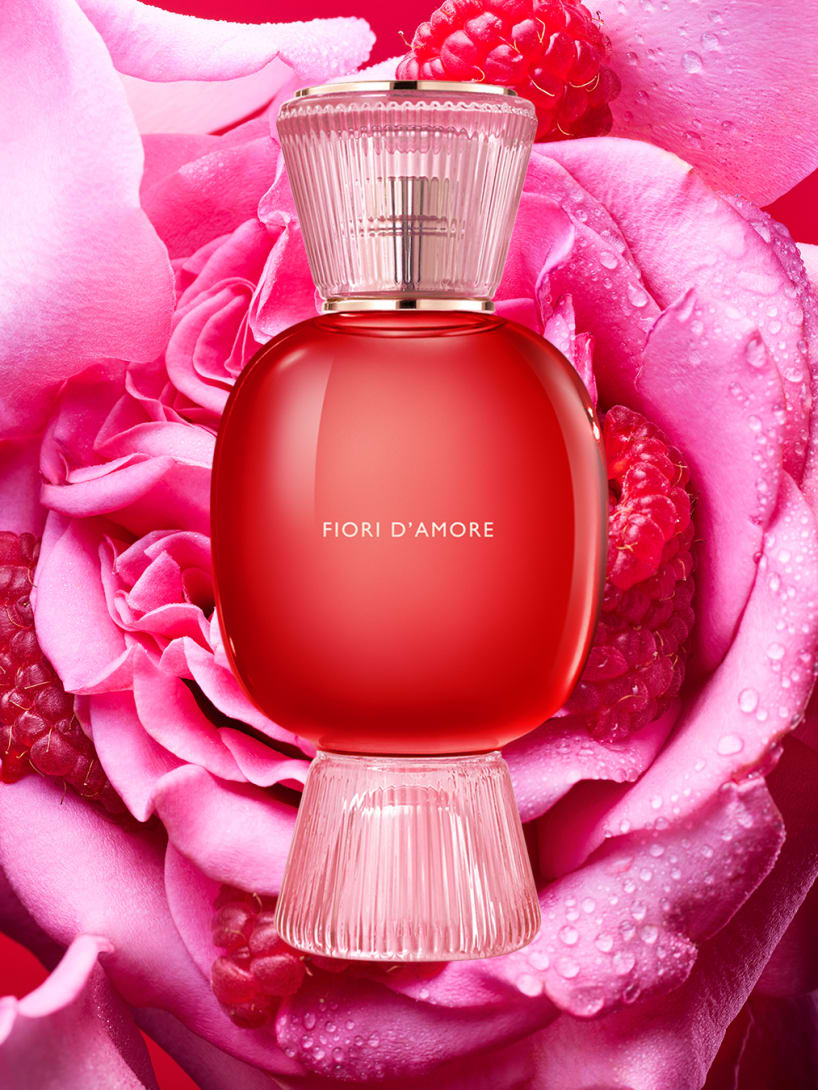 Bvlgari Fiori d'Amore Allegra fragrance flacon in red glass.