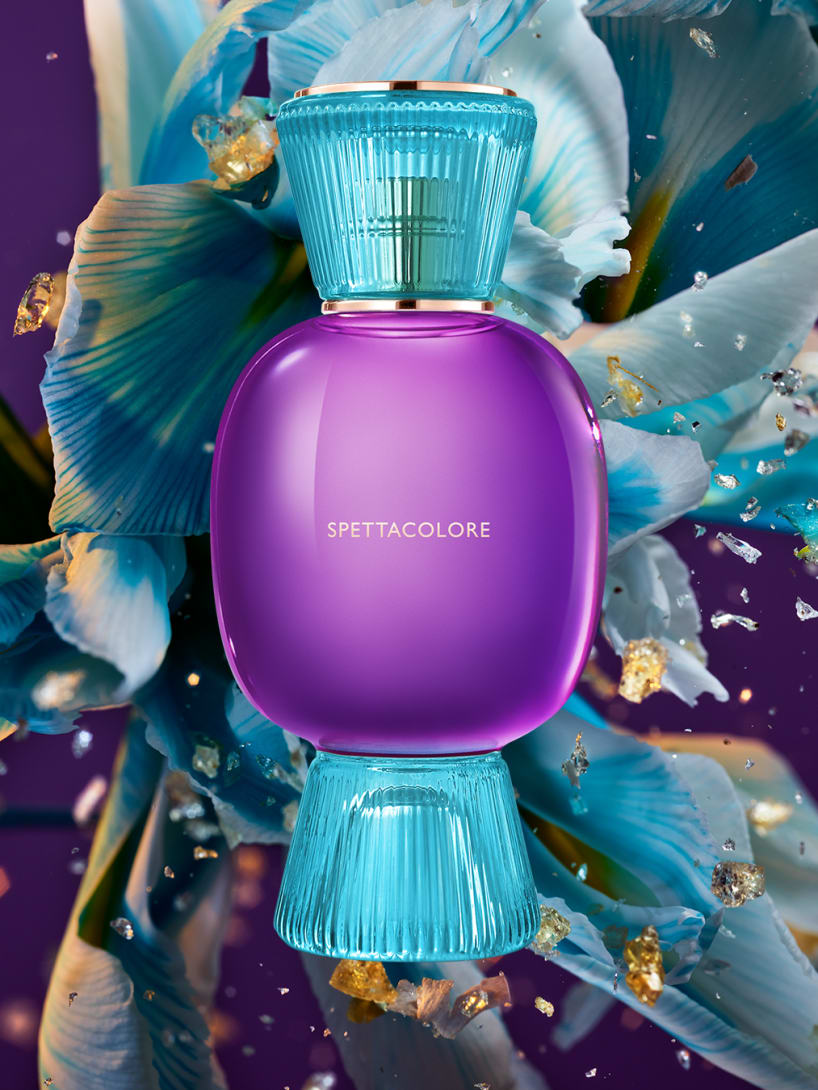 Bvlgari Spettacolore Allegra fragrance flacon in purple glass.