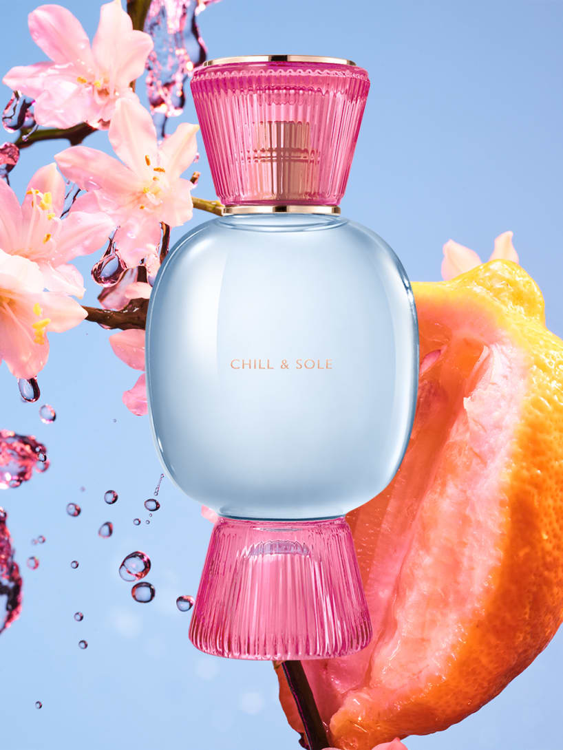 Blue and pink bottle of the Bvlgari Allegra Chill & Sole fragrance and white bottle of the Magnifying Neroli essence.