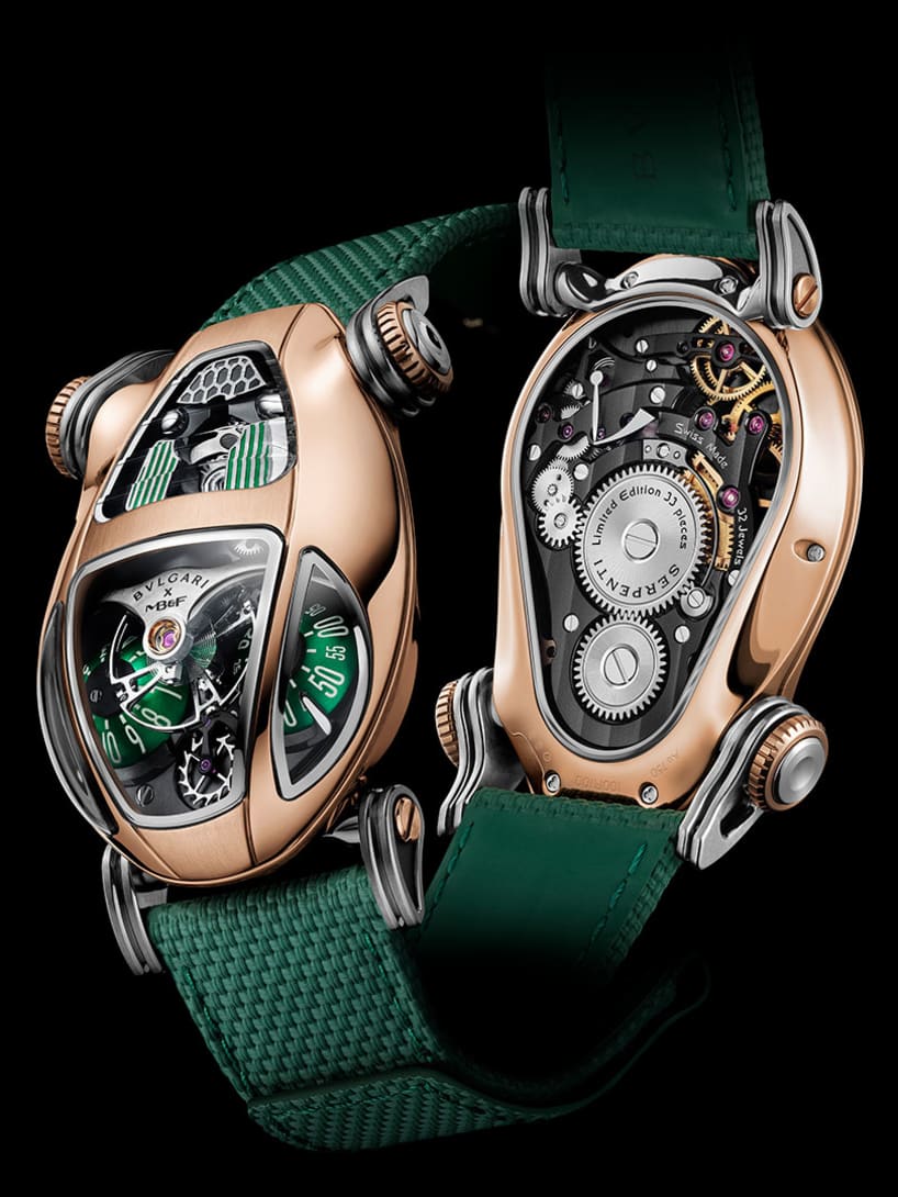 Bvlgari x MB&F Serpenti watch with rose gold case, green domes and green rubber strap, front view.