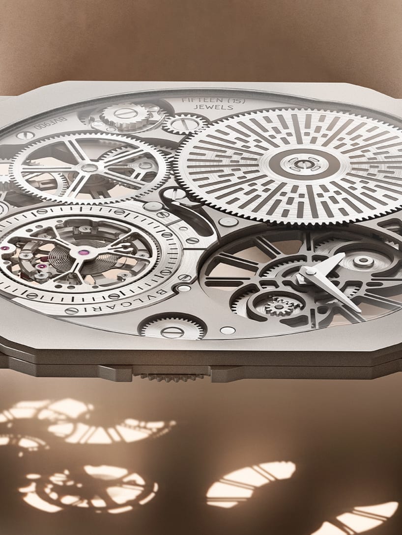 The record-breaking Bvlgari Octo Finissimo Ultra Tourbillon titanium watch with skeletonized dial.
