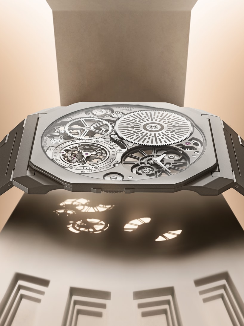 The record-breaking Bvlgari Octo Finissimo Ultra Tourbillon titanium watch with skeletonized dial.