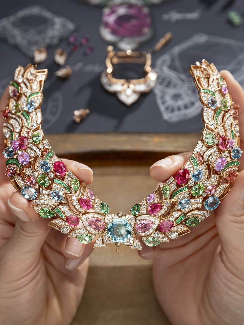 Hand holding Celestial Mosaic Necklace, Polychroma High Jewellery collection.