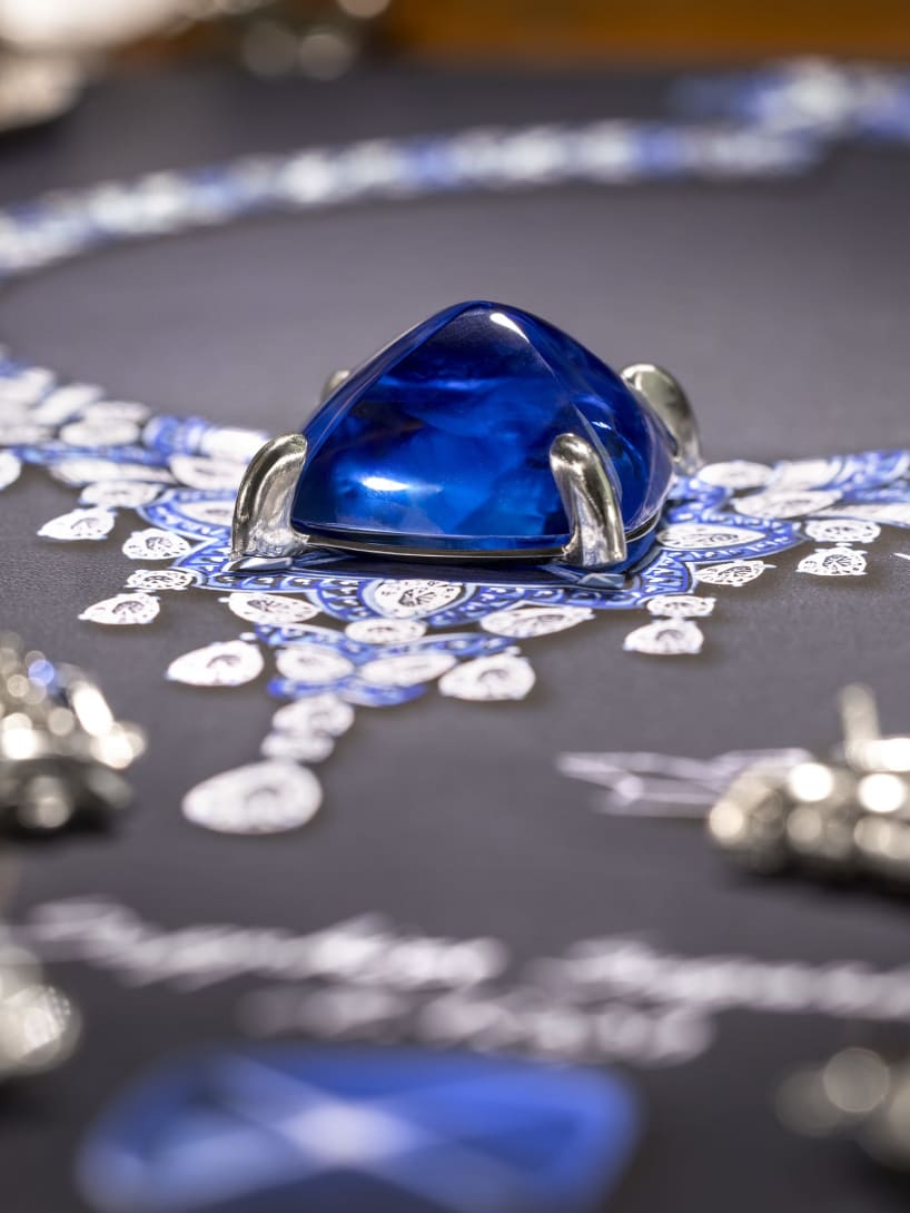 Cosmic Vault Necklace picture with it sketch and sapphire, Polychroma High Jewellery collection.