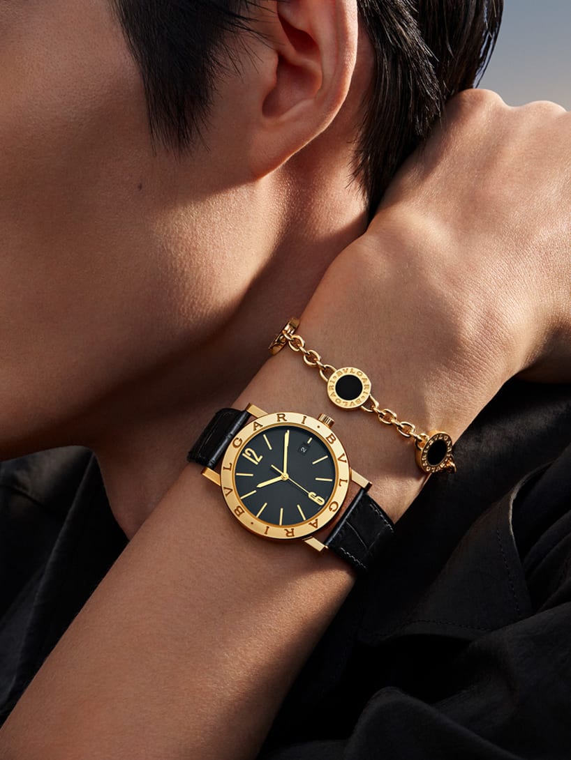 model wearing bulgari bulgari watch and bracelet, Magnificent Icon campaign.