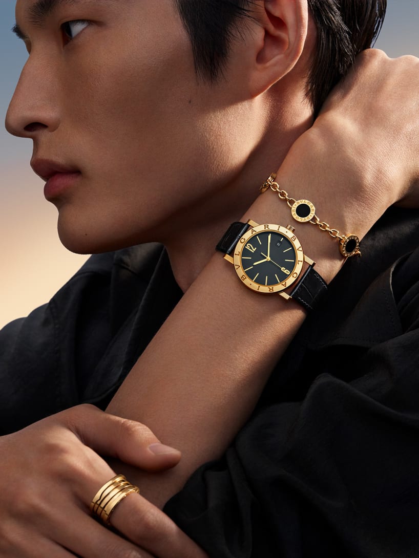 model wearing bulgari bulgari watch and bracelet, Magnificent Icon campaign.