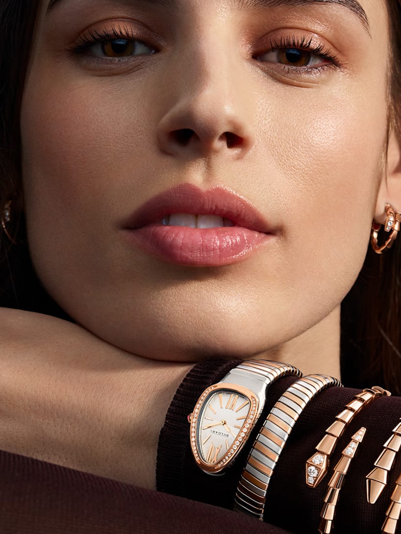 Model wearing Serpenti jewellery and watch, magnificent icons campaign.