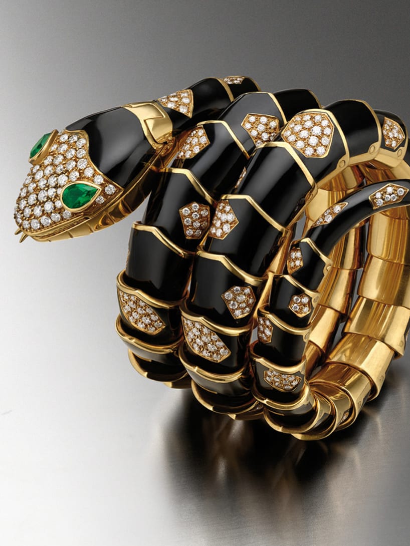 Serpenti bracelet-watch in gold with black enamel, emeralds, and diamonds, ca. 1972. Bvlgari Heritage Collection