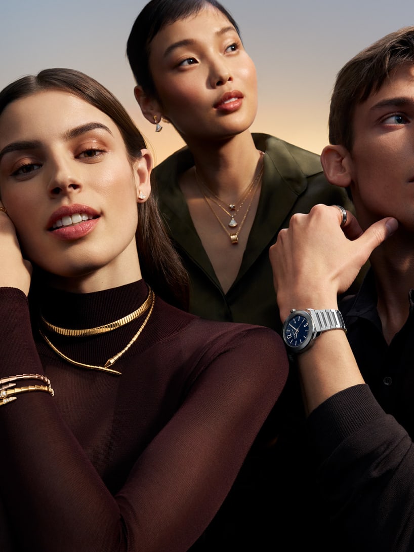 Models wearing Bvlgari jewellery and watch, magnificent icons campaign.