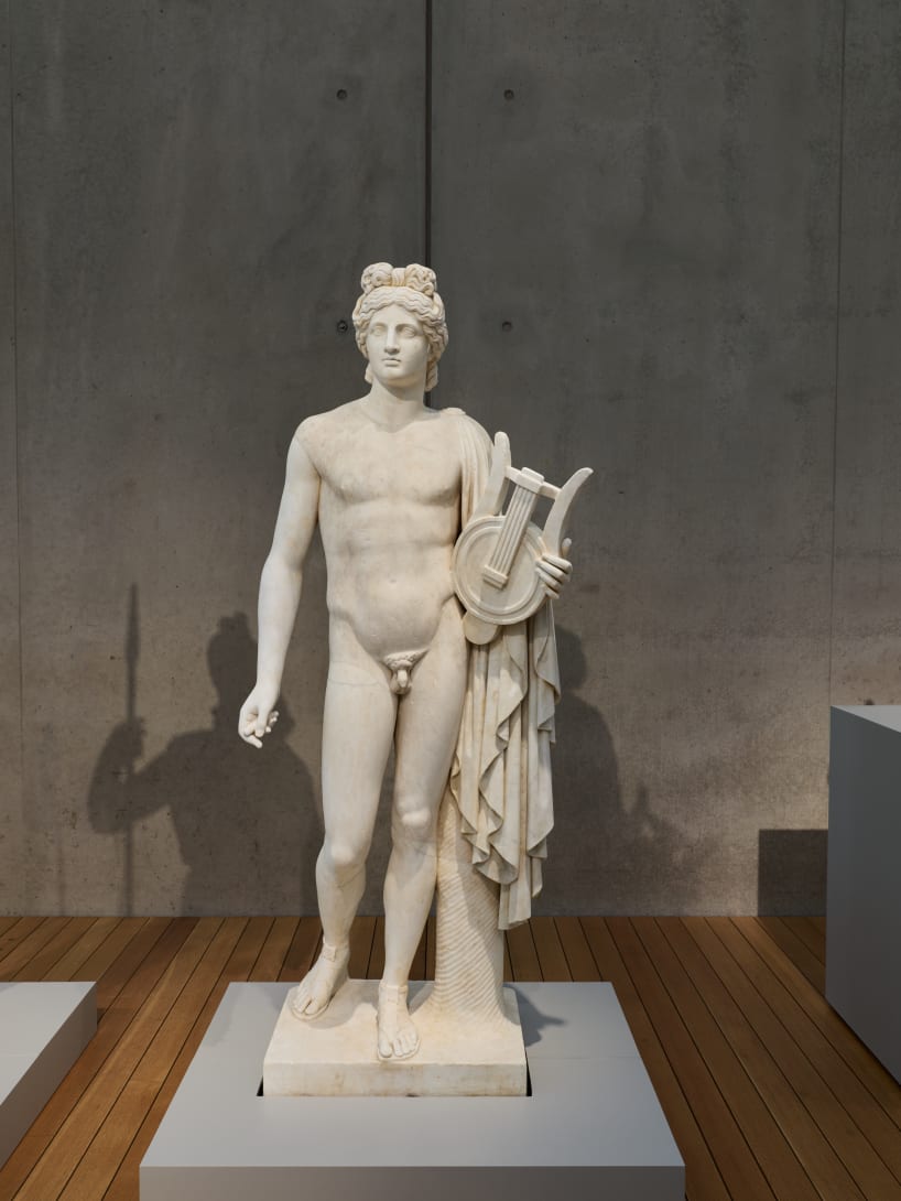 Statue of a youth from the back, part of the Torlonia Collection, on display at the Kimbell Art Museum.