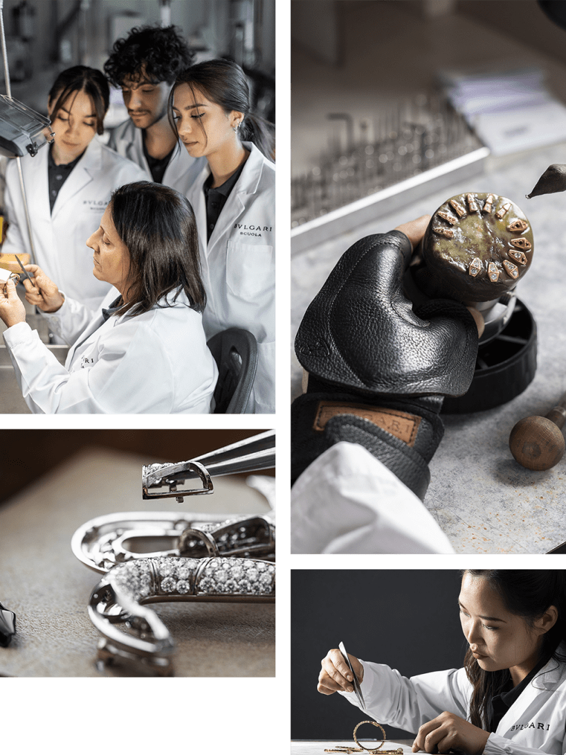 Images of apprentice craftsmen learning jewellery-making techniques at the Scuola Bvlgari in Valenza.