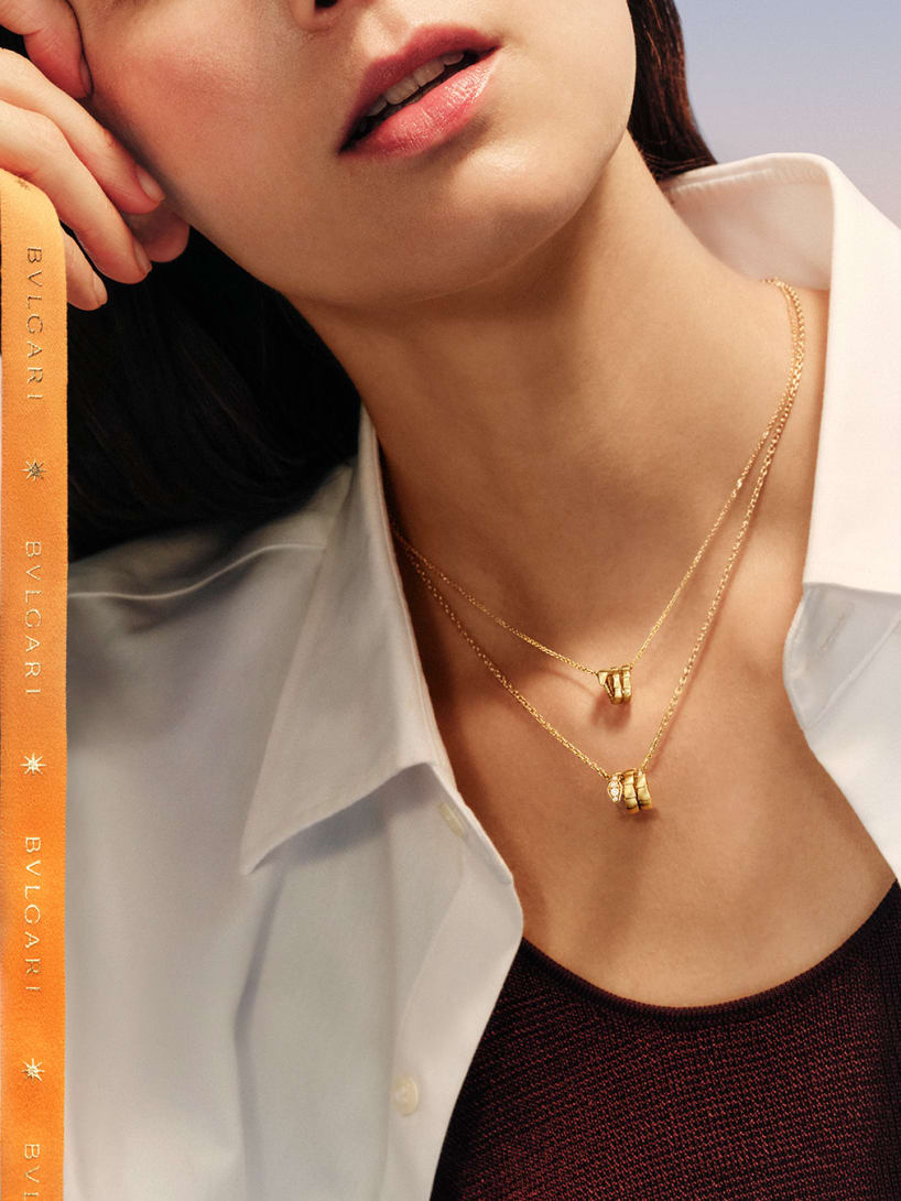 Model wearing Bvlgari necklaces, Valentine's Day Campaign.