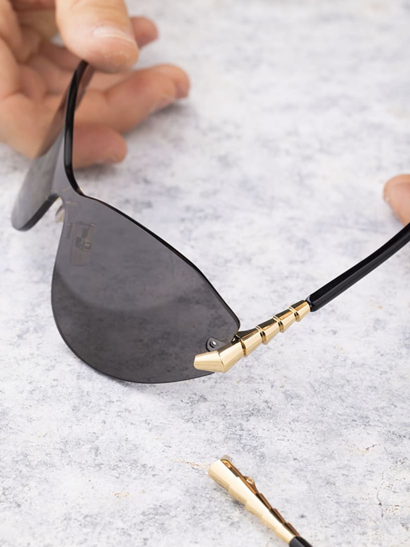 Making of Serpenti Viper glasses, assembling of the snake scale-inspired temples, close up.