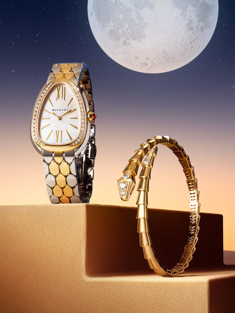 Serpenti Seduttori steel and gold watch and Serpenti Viper bracelet set against a moonlit night sky.